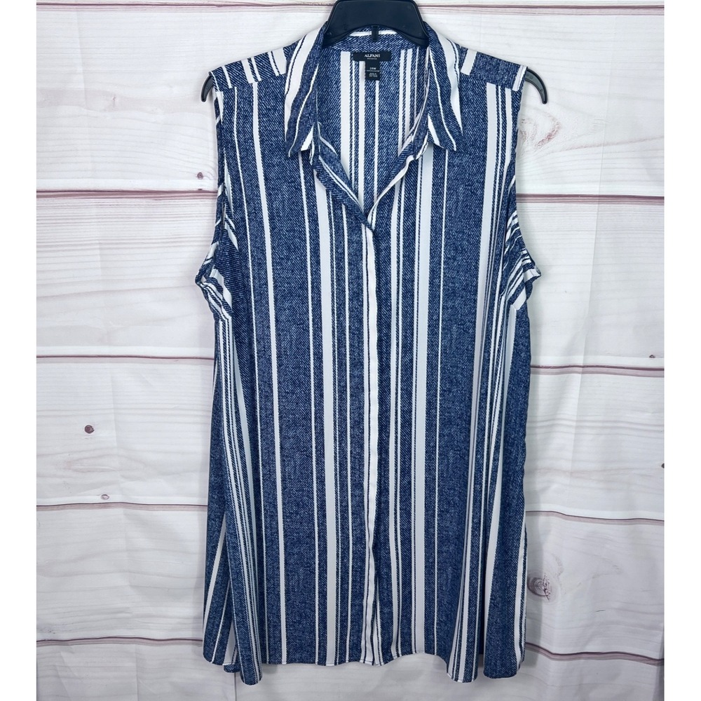 Alfani Top Womens 24W Blue Stripe Shirt Button Up Tunic Collar Side Slit Woven